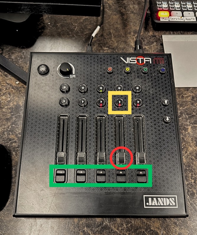 The lighting board with a cuelist fader circled in red, a play button outlined in yellow and the release buttons outlined in green