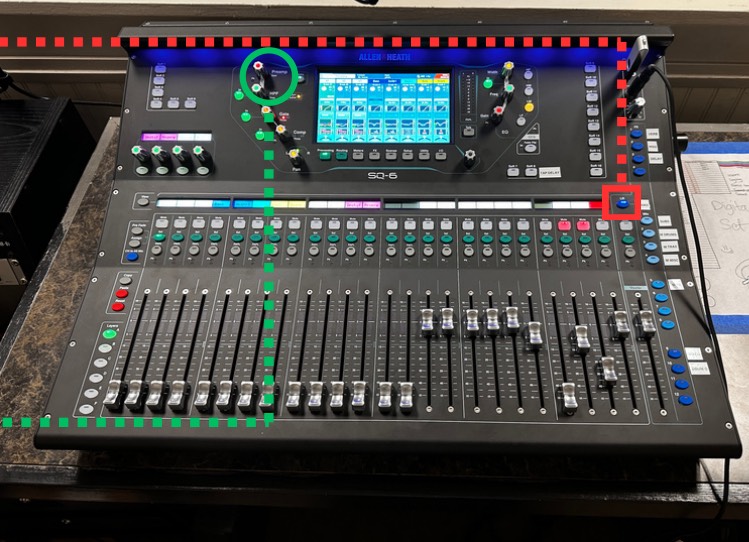 The SQ-6 soundboard with the LR button outlined in red and a preamp gain knob circled in green